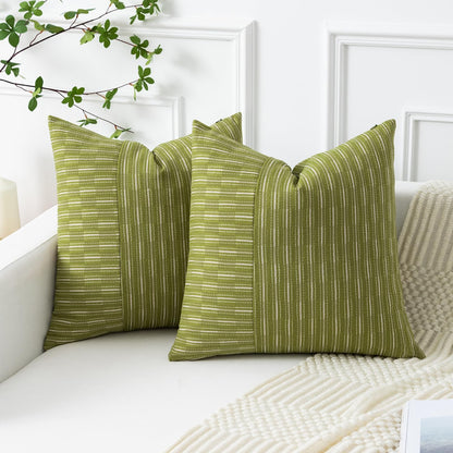 18x18, Set 2, Kevin Textile Light Green and Beige Farmhouse Striped Patchwork Linen Spring Decorative Throw Pillows