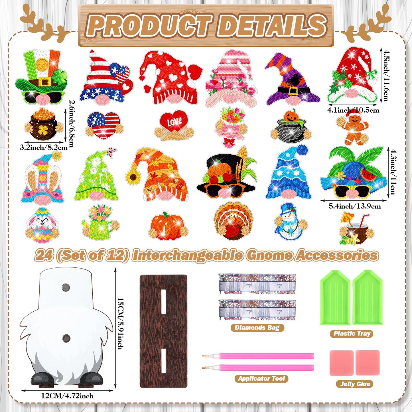 Burbell 24 Pcs Magnetic Diamond Painting Interchangeable Standing Posture Gnome Decor Welcome Signs DIY Holiday Seasonal Tiered Tray Decoration Easter Day Diamond Art Ornament with 12 Holiday Icons