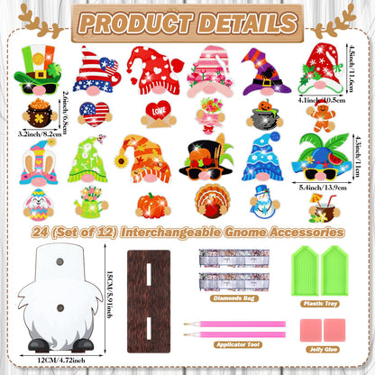 Burbell 24 Pcs Magnetic Diamond Painting Interchangeable Standing Posture Gnome Decor Welcome Signs DIY Holiday Seasonal Tiered Tray Decoration Easter Day Diamond Art Ornament with 12 Holiday Icons