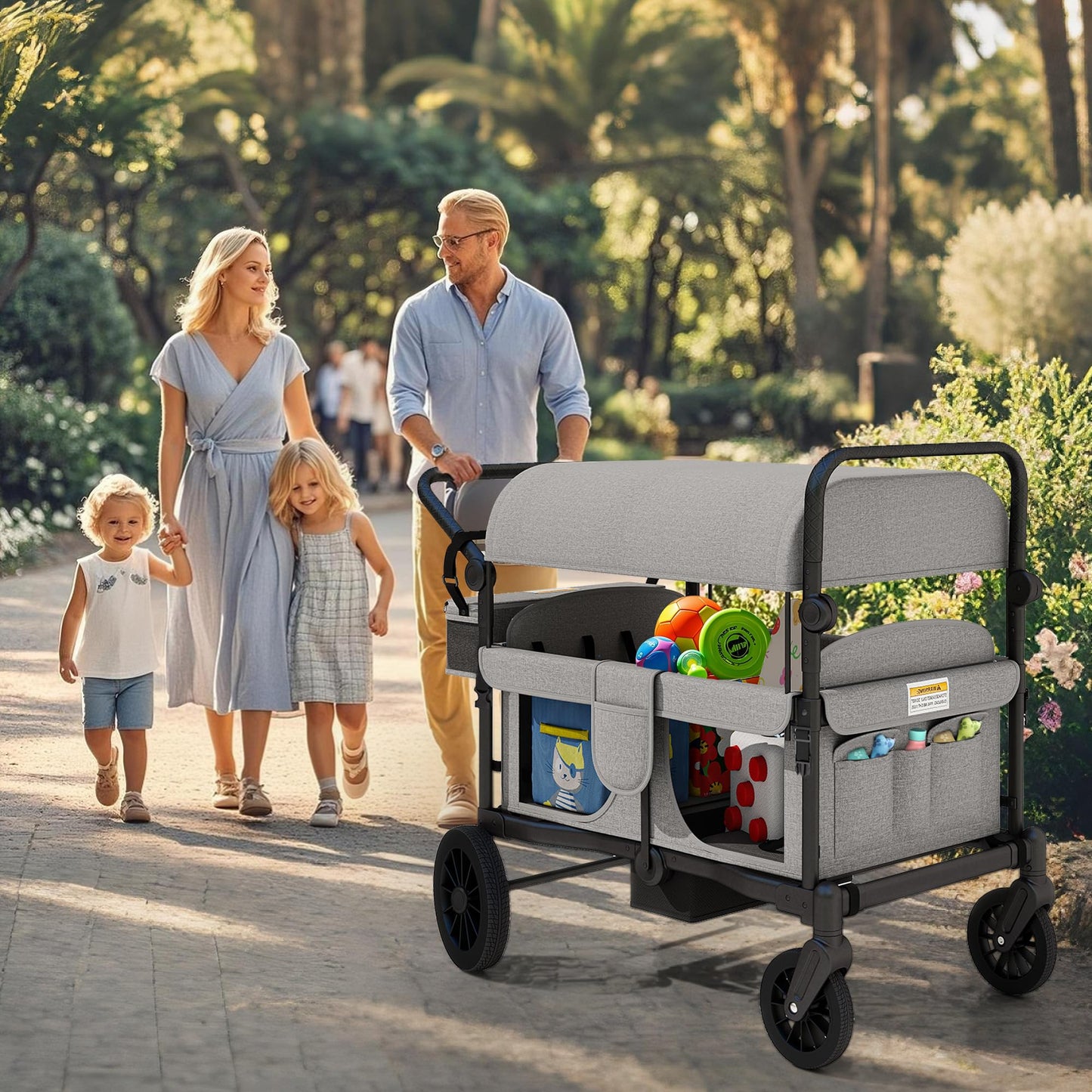 TOLEAD Wagon Stroller for 4 Kids, Foldable 4 Seats Outdoor Stroller Wagon with Canopy, Adjustable Handlebars, 5-Point Safety Harness, Detachable Tray, Portable Bag (Grey)