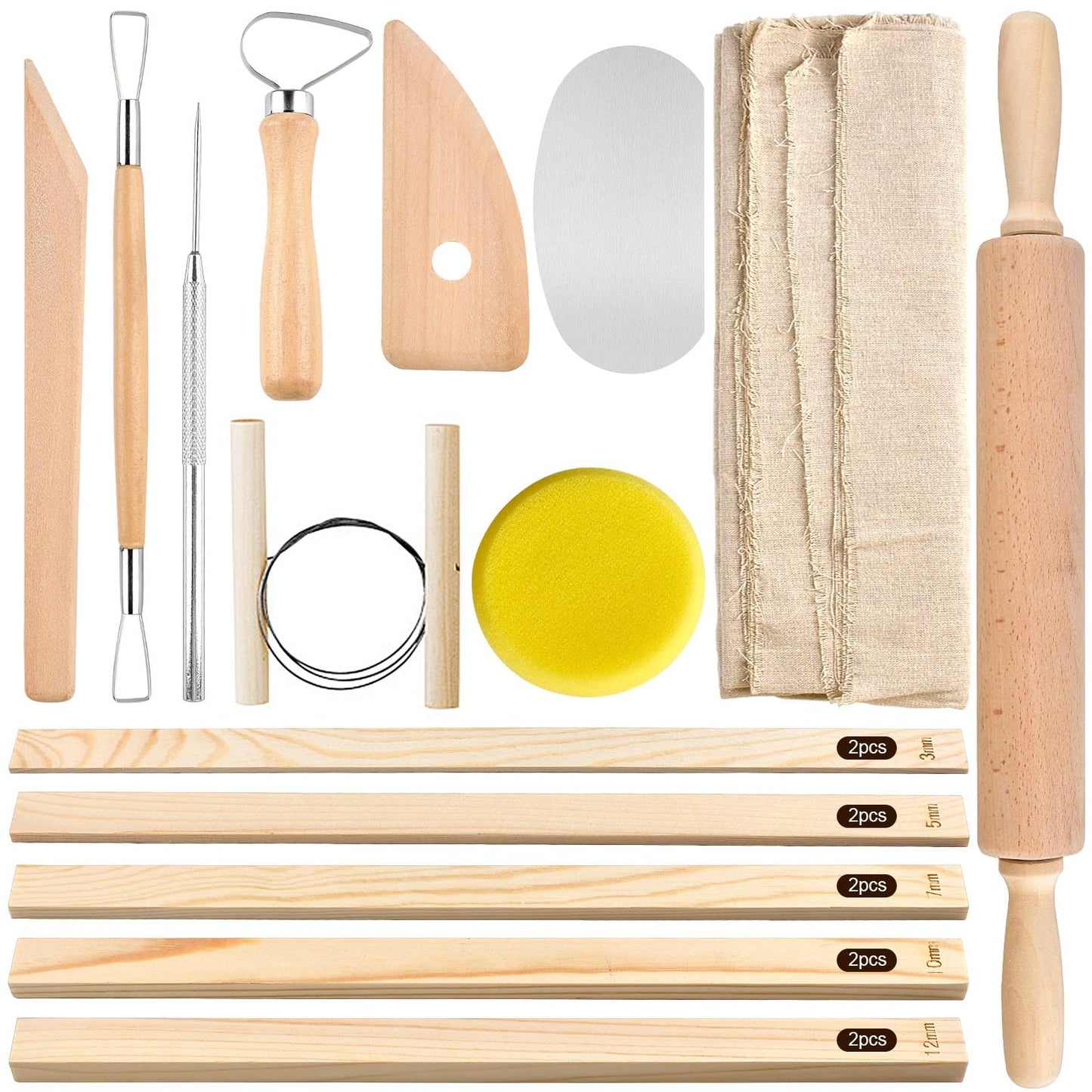 Akamino 20 Pcs Pottery Tools Include 1 Wood Rolling Pin,1 Portable Pottery Linen Tablecloth, 10 Pcs 5 Size Teaching Rolling Mud Stick Guide, 8 Clay Sculpting Tools for Manual Self Ceramic Clay Making