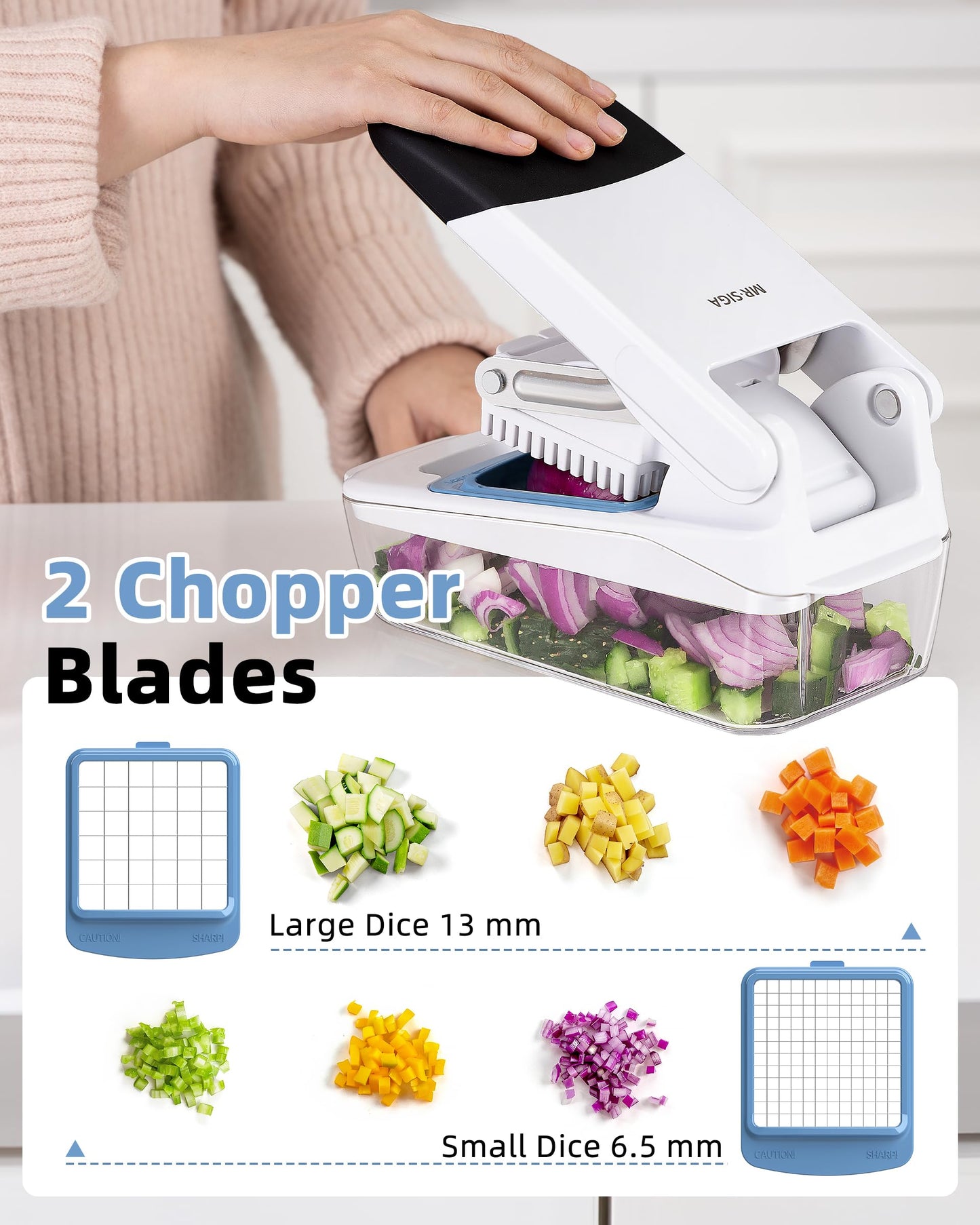 MR.SIGA Vegetable Chopper with Container, 2 in 1 Manual Hand Food Chopper with 2 Stainless Steel Chopping Blades for Potato Strips, Onion Cubers, Carrot Sticks, White & Black