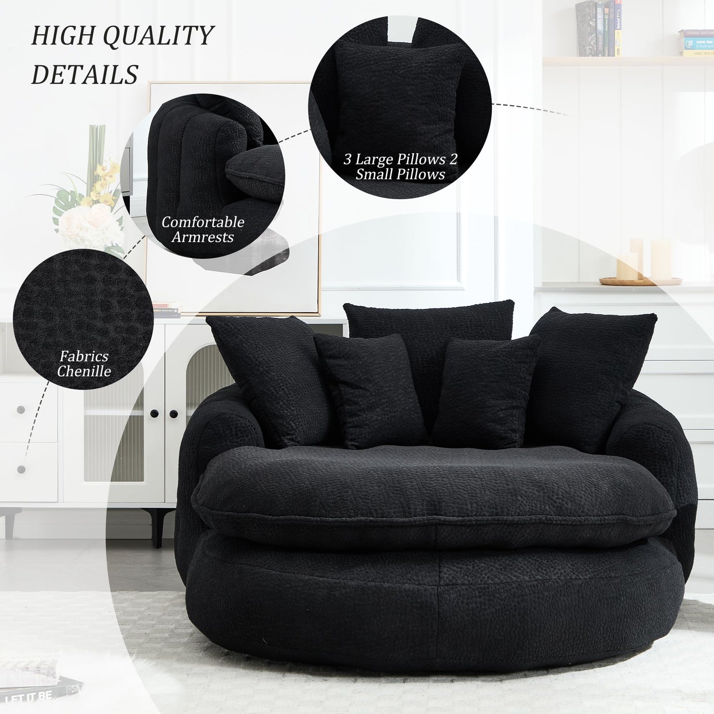 Oversized Oval Bean Bag Sofa, Chenille Fabric Floor Lounger with 5 Pillows and Wrap-Around Backrest for Adults, Large Lazy Sofa for Living Room and Game Room, Black