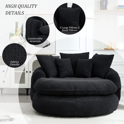 Oversized Oval Bean Bag Sofa, Chenille Fabric Floor Lounger with 5 Pillows and Wrap-Around Backrest for Adults, Large Lazy Sofa for Living Room and Game Room, Black