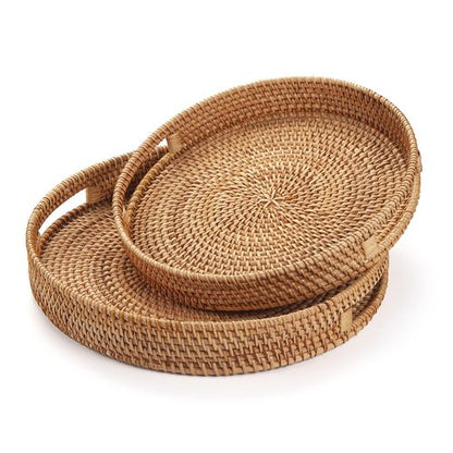Coffee Table Tray Round Rattan Ottoman Tray Woven Serving Trays with Handles for Home and Kitchen Decorative Natural (Large 16.9 inch)