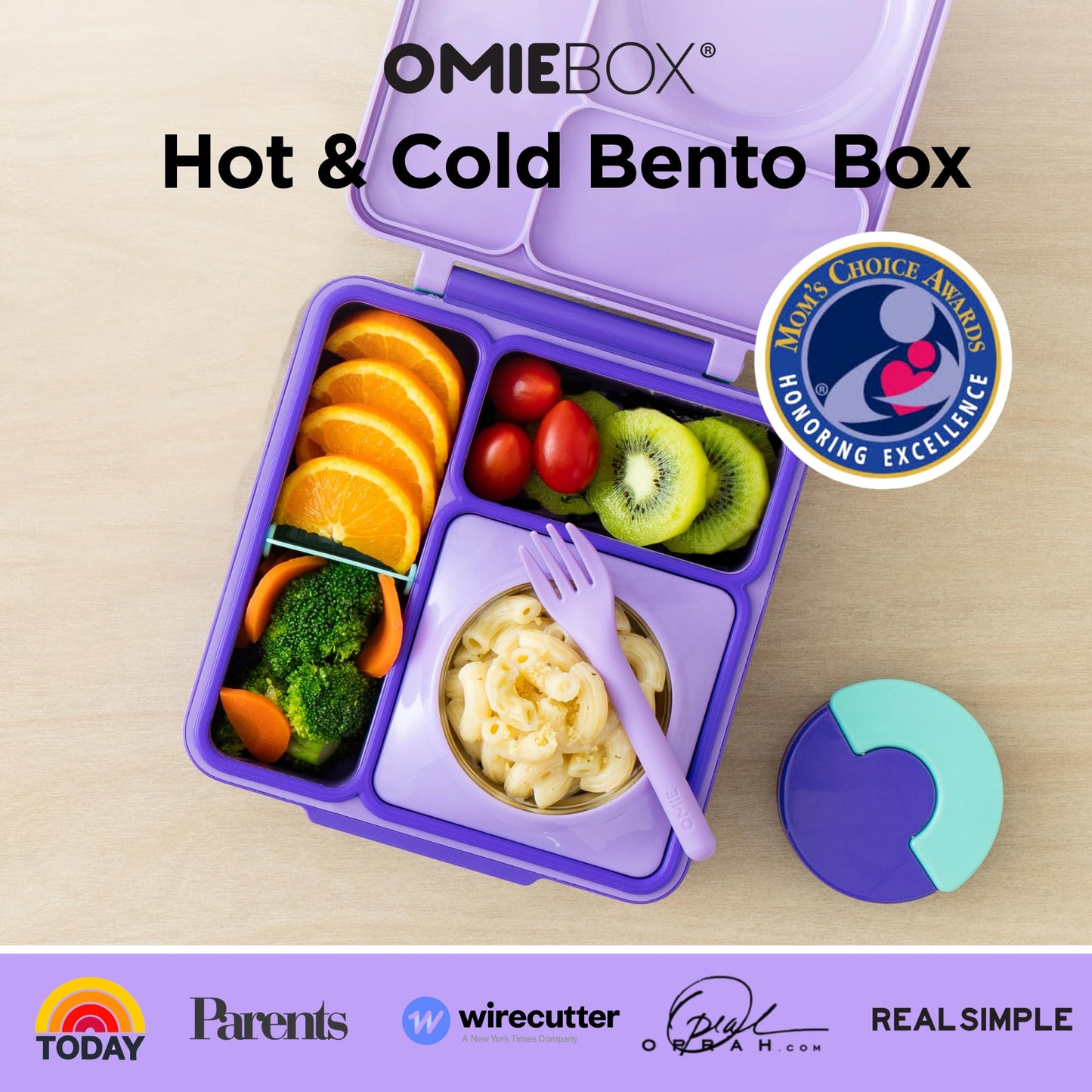 OmieBox Bento Box for Kids - Insulated Bento Lunch Box with Leak Proof Vacuum Insulated Food Jar - 3 Compartments, Two Temperature Zones (Purple Plum)