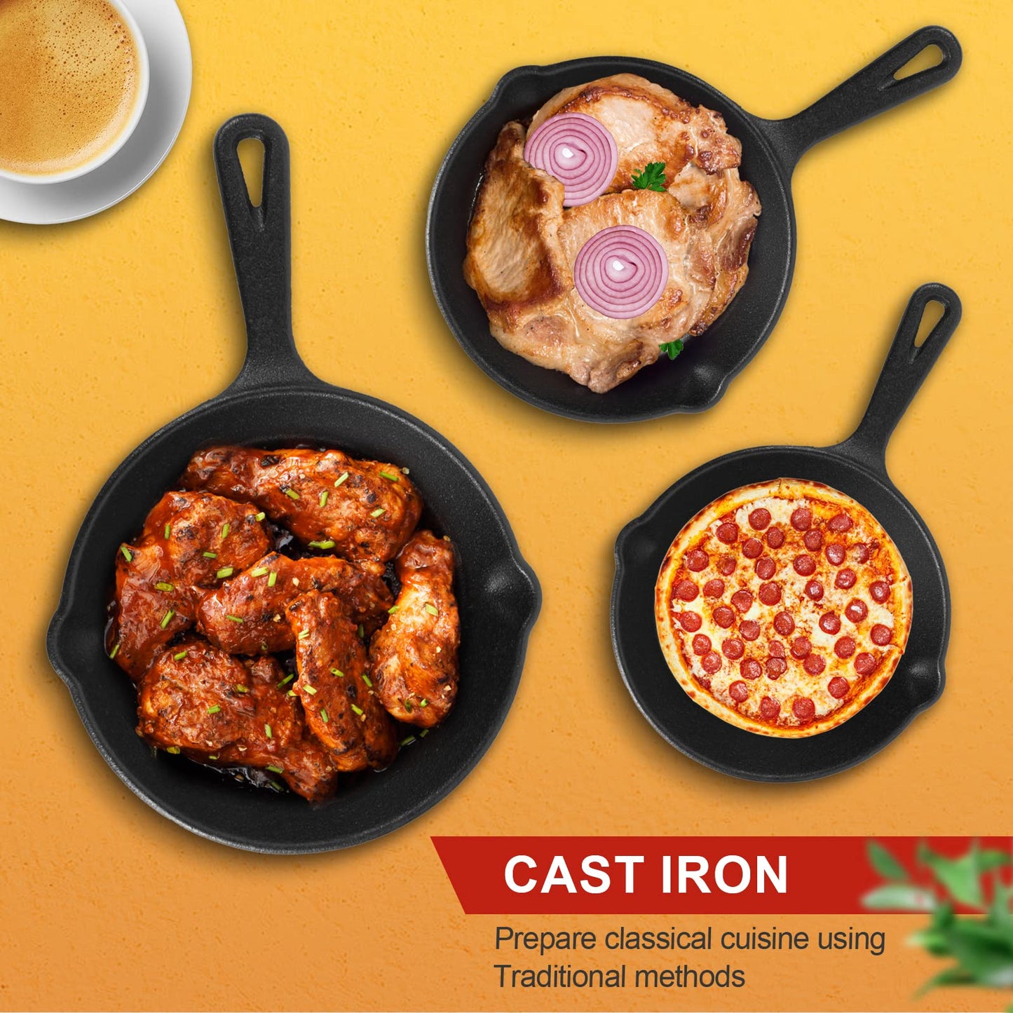 rincentd Pre-Seasoned Cast Iron Skillet Set - 3 Piece Frying Pan With Heat-Resistant Handles (6, 8, 10 Inch) for Frying, Saute, Pizza, Oven Safe (Black)