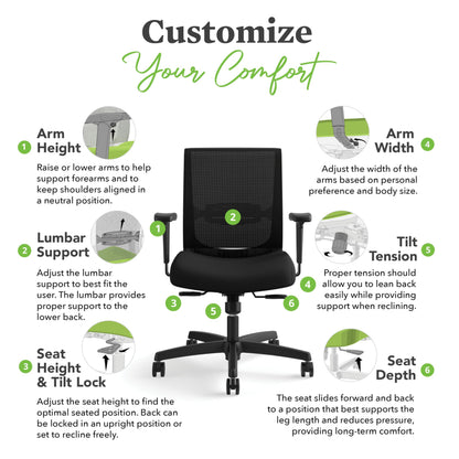 HON Convergence Ergonomic Office Chair with Mesh Back, Adjustable Arms, Lumbar Support, Synchro‑Tilt Desk Chair with Wheels for Home Office or Computer Use, Black Frame, Black