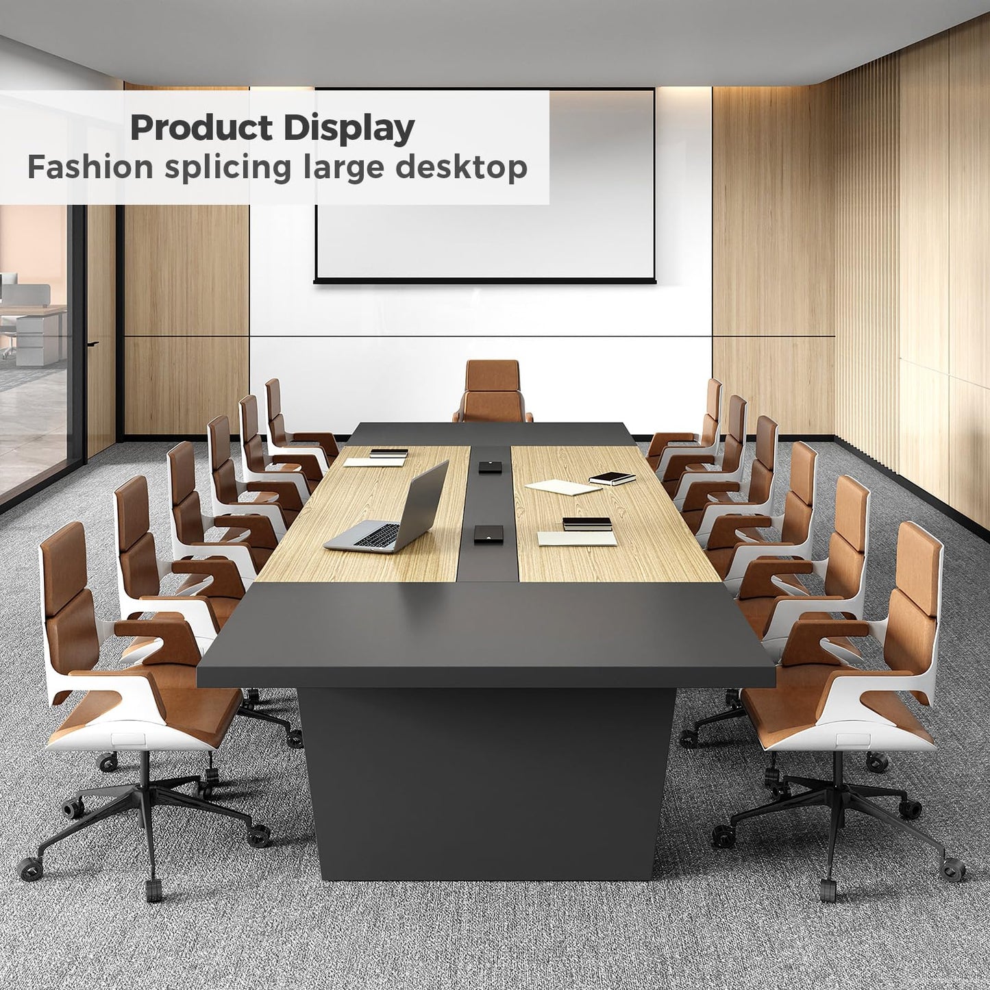 Nuipesn 138 Inch Rectangular Conference Table for 12-14 People, Built-in Power Outlets and USB Charging Ports, Cable Management, 2 Inch Thick Top, 500 lb Capacity, Oak and Grey