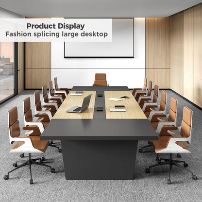 Nuipesn 138 Inch Rectangular Conference Table for 12-14 People, Built-in Power Outlets and USB Charging Ports, Cable Management, 2 Inch Thick Top, 500 lb Capacity, Oak and Grey