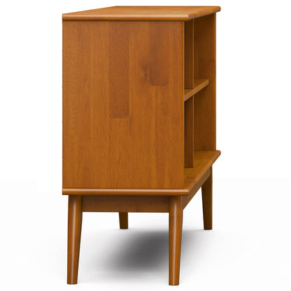 SIMPLIHOME Draper Bookcase - 30 inch Tall Solid Wood Low Bookshelf in Teak Brown, Mid-Century Modern Storage for Living Room, Study Room or Office with Tapered Legs and Wide Open Shelves