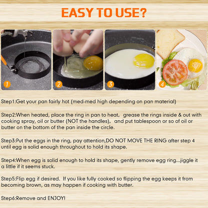 Patelai 6 Pcs Egg Ring Pancake Ring Set Stainless Steel Fried Egg Molds Griddle Pancake Shapers with Silicone Handle for Breakfast Omelette Sandwich(Square, Round,4 Inch, 6 Inch, 8 Inch)