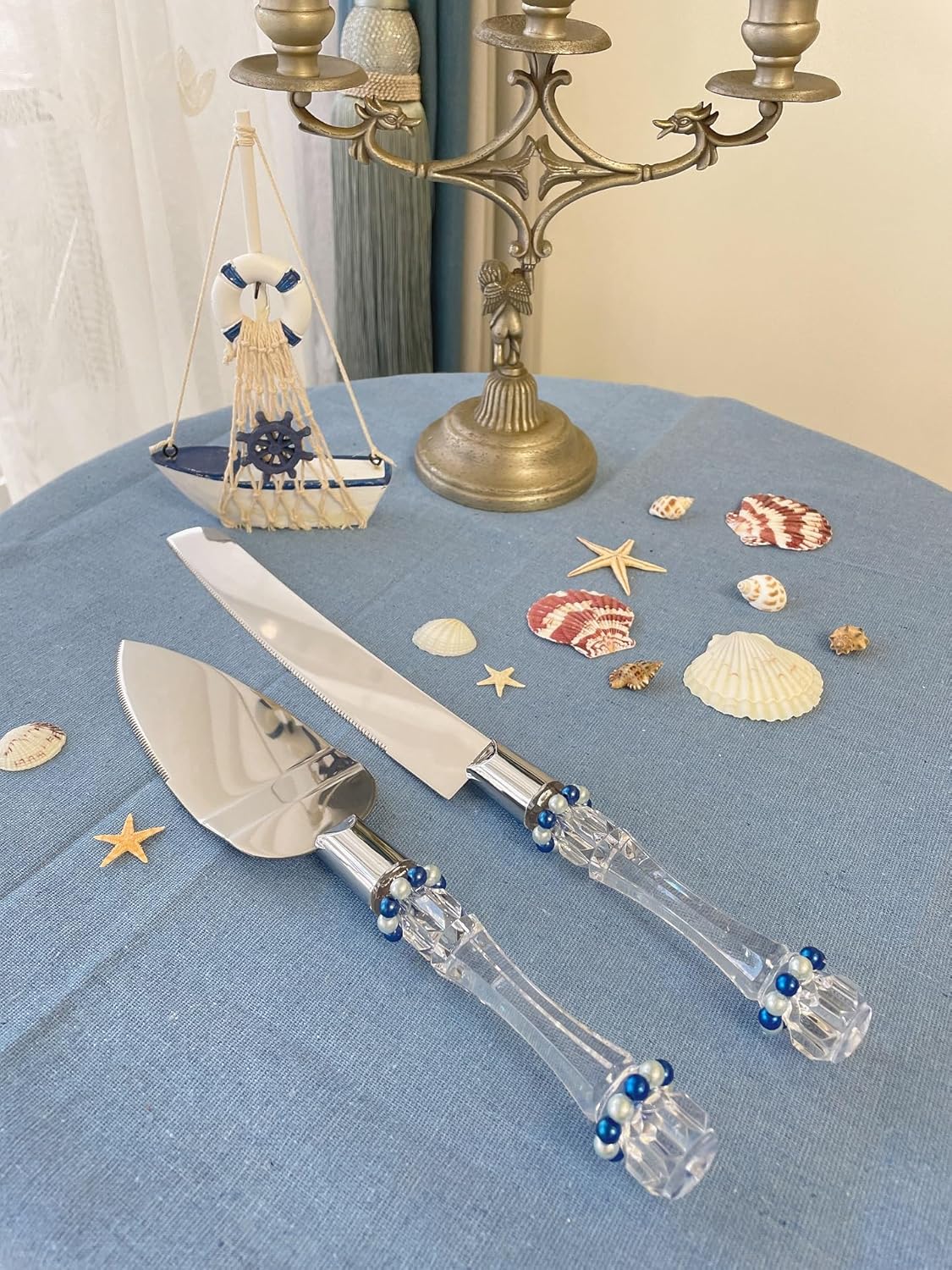 FISHBONE Stainless Steel Wedding Cake Knife and Server Set, Nautical Blue Rings Design for Special Occasions