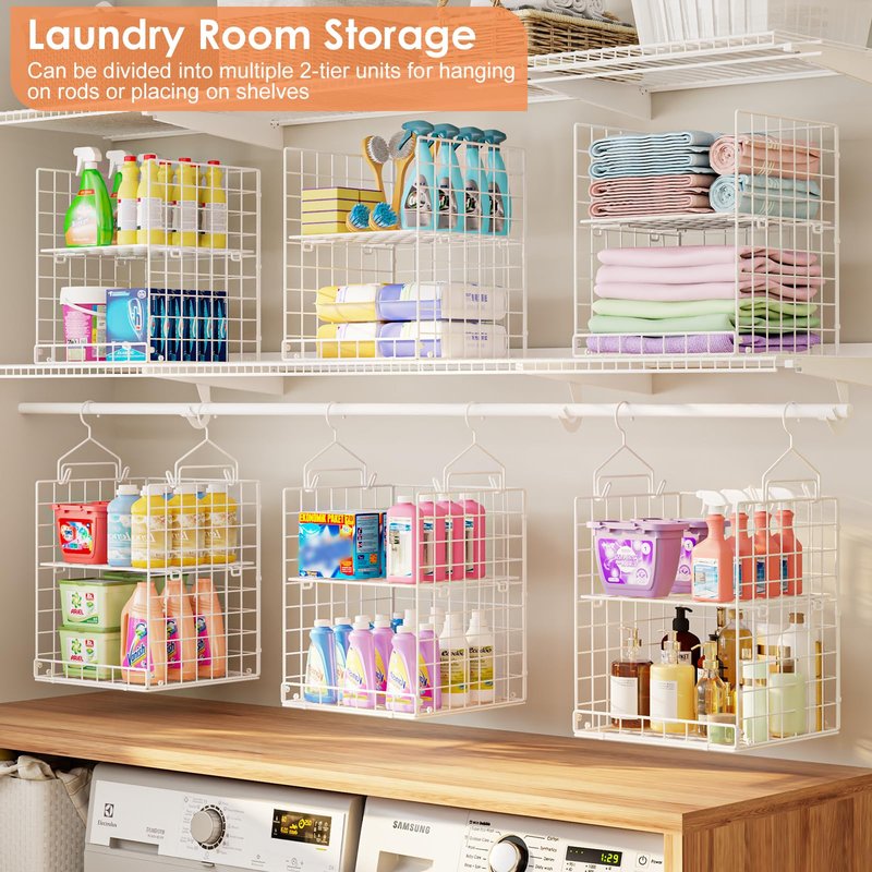 Yuyetuyo 6 Tier Raised-Height Hanging Closet Organizer, Stackable Sweater Organizer for Closet, Wire Storage Basket Bins for Clothes Purse Shoes, Hanging Shelves with 4 Hooks & 3 Dividers Adjustable