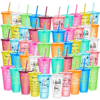 Uiifan 50 Pcs Christian Gifts Cups Bulk for Women, 24oz Bible Verse Christian Tumblers with Lids and Straw, Religious Church Gifts for Mother's Day (Bright Color,Bible)