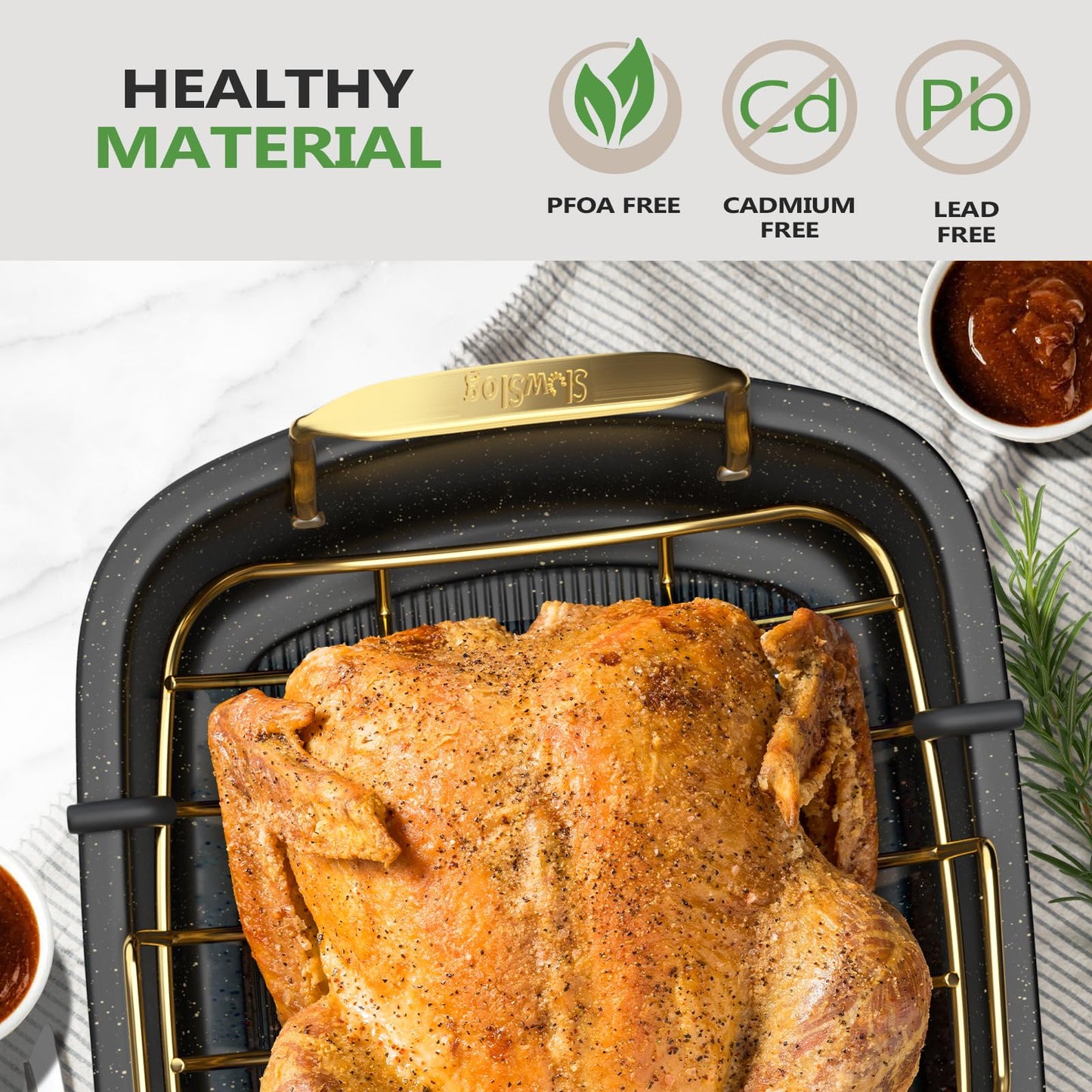 Slow Slog Roasting Pan, 17 Inch x 13 Inch Roaster with Removable Rack, Nonstick Roaster Pan for Roasting Turkey, Meat & Vegetables (Gold)