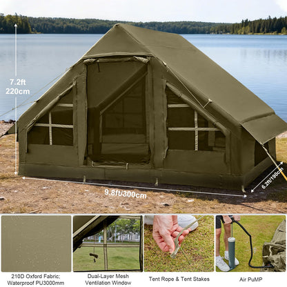 Inflatable Tents for Camping, 4-6 Person Easy Blow Up Tent with Hand Pump,4 Seasons Waterproof Air Inflatable Camping Tent House for Family Weekend Camping，Green