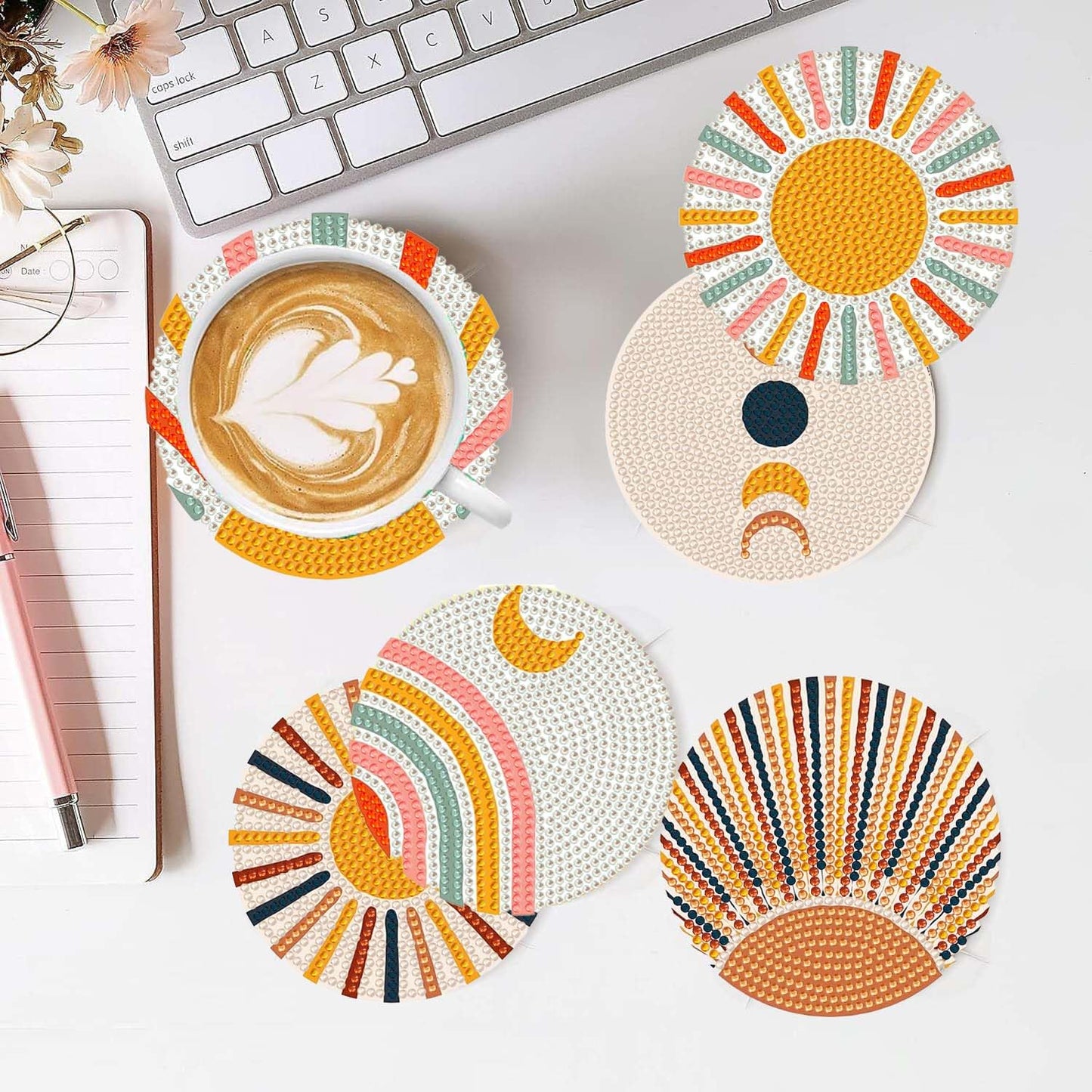 5D DIY Boho Minimalist Sun Moon Diamond Paintings Coasters with Holder for Adults Beginners, 6 pcs Round Full Drill Diamond Art Craft Supplies (Sun Moon QLBD-16)