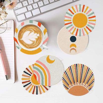 5D DIY Boho Minimalist Sun Moon Diamond Paintings Coasters with Holder for Adults Beginners, 6 pcs Round Full Drill Diamond Art Craft Supplies (Sun Moon QLBD-16)