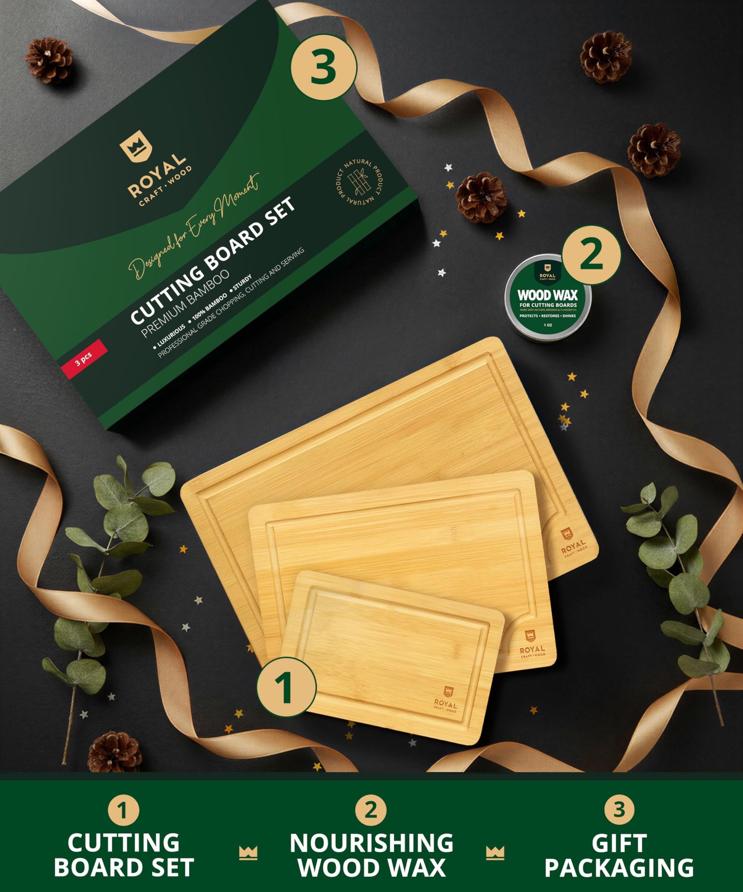ROYAL CRAFT WOOD Wooden Cutting Boards for Kitchen Meal Prep & Serving - Bamboo Wood Serving Board Set with Deep Juice Groove Side Handles - Charcuterie & Chopping Butcher Block for Meat