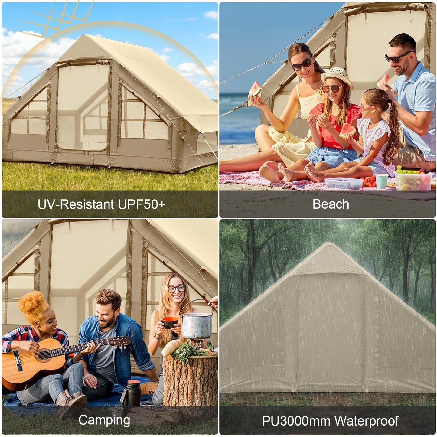 Inflatable Tents for Camping, 4-6 Person Easy Blow Up Tent with Hand Pump,4 Seasons Waterproof Air Inflatable Camping Tent House for Family Weekend Camping，Beige