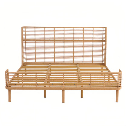 Christopher Knight Home Lamar Boho Rattan King Bed Frame and Headboard, Farmhouse PE Wicker King Size Bed Frame, Metal King Platform Bed Frame, No Box Spring Needed, Easy Assembly, Natural Finish
