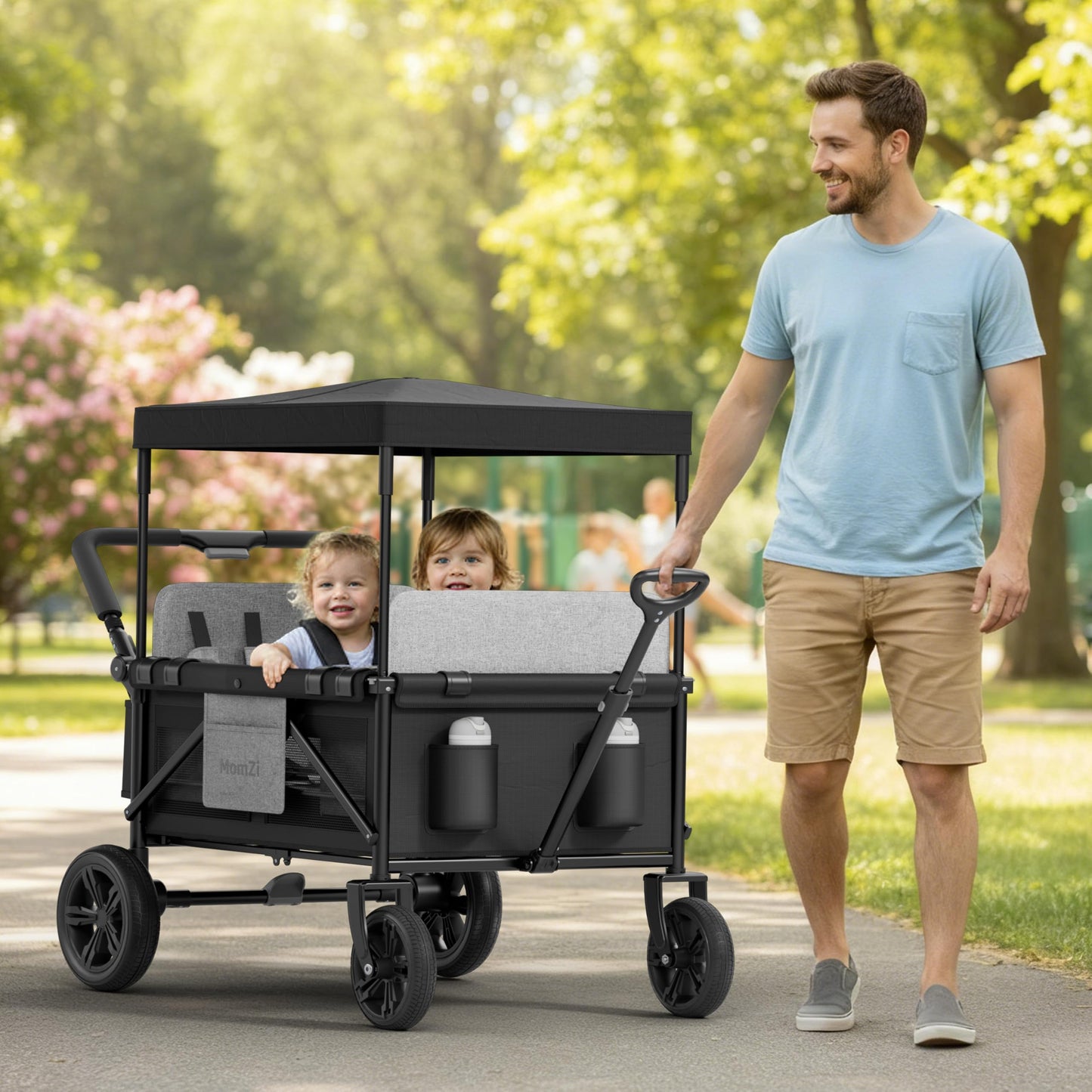 MomZi 4 Seater Wagon Stroller for Kids, Collapsible Wagon Stroller with Removable Canopy, Foldable Stroller Wagon with Seat and Storage Pocket for Baby Toddlers Black