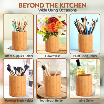 Bamboo Utensil Holder, Large Utensil Holders for Kitchen Counter, Bamboo Spoon and Chopstick Holder for Kitchen Decor, Flatware and Spatula Storage Organizer, for Countertop, Pantry and Bathroom