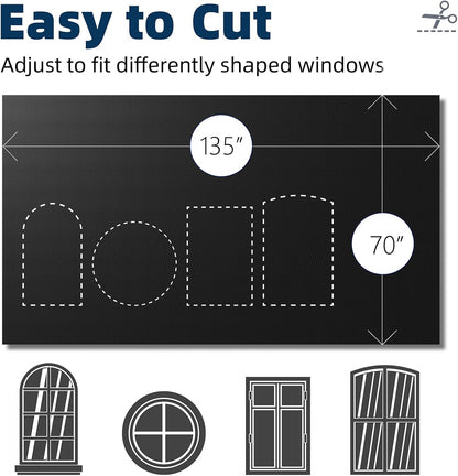 135"70", 100% NIGHTON Portable Blackout Curtains Strong Hook and Loop Tape Strips with Adhesive, Cuttable Blackout