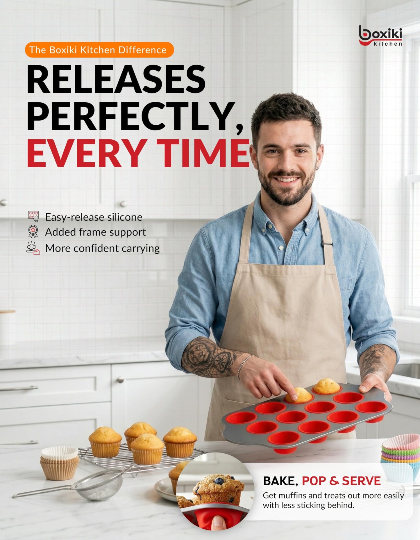 Boxiki Kitchen Non-Stick 12 Cup Silicone Muffin Pan with Steel Frame - BPA Free, Non-Toxic, Anti-Warp, Durable & Easy to Pop Silicone Muffin Tin - Perfect Cupcake Pan