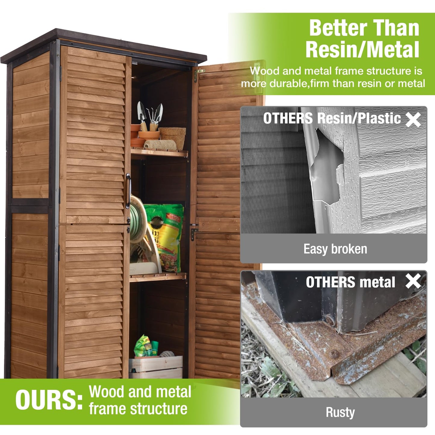 GUTINNEEN Outdoor Storage Cabinet Waterproof Metal Frame Wooden Storage Sheds Outdoor with Floor 4 Lockable Doors, 2 Adjustable Shelves, Garden Tool Shed for Patio Porch Backyard Lawn 63"