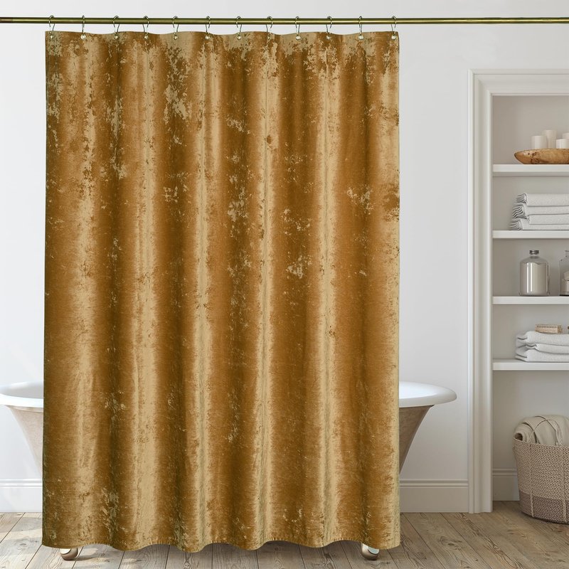 TAMGHO Mustard Gold Shower Curtain for Bathroom, Crushed Velvet Dark Mustard Yellow Shower Curtain with Gold Decro Metal Hooks, Machine Washable Thick Fabric, 72 x 72 inches