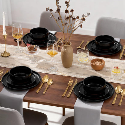 E-far 12-Piece Stoneware Plates and Bowls Sets, Dinnerware Sets for 4, Ceramic Dishware Dishes Set with Terracotta Base, Chip & Scratch Resistant, Microwave & Dishwasher Safe, Matte Black