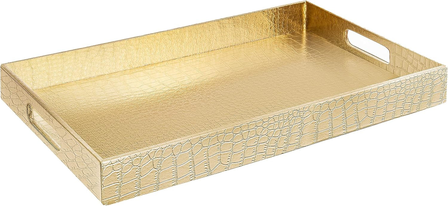 17.5"x12" Home Redefined Gold Glossy Crocodile Faux Leather Serving Tray Beautiful Modern Elegant Decorative Tray