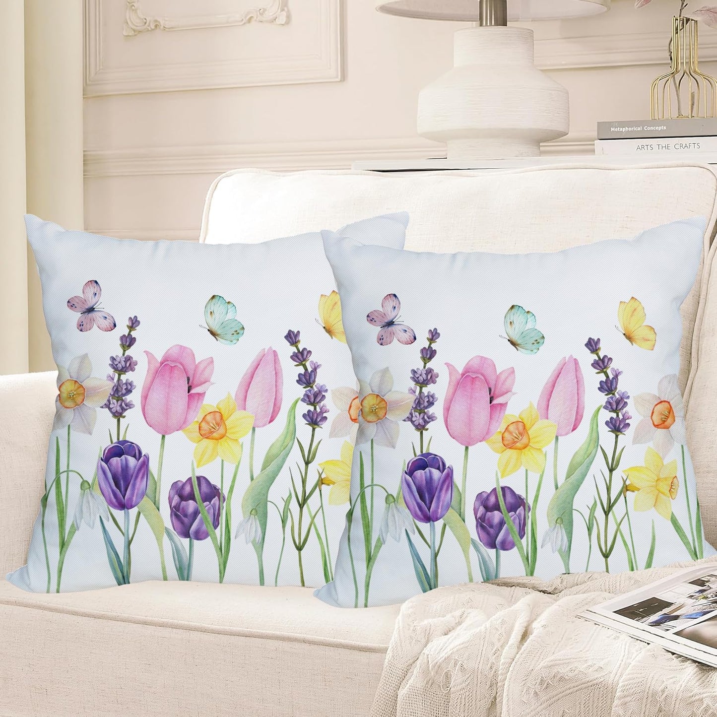 2 Pack Waterproof Spring Floral Pillow Covers, 16x16 Inch Pink Tulip Flower & Lavender Butterfly Outdoor Cushion Case
