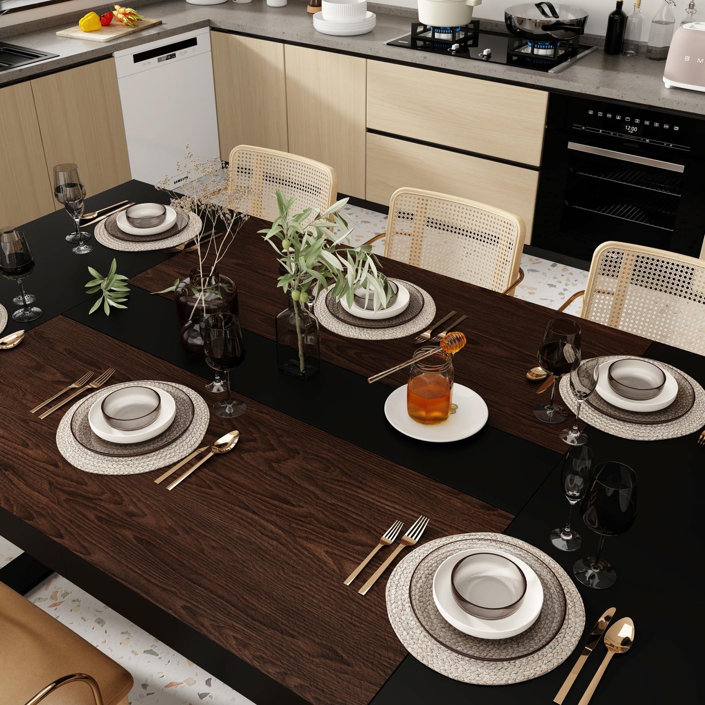 WOODTIME 86.6" W Dining Table for 8-10 People, Versatile Modern Wooden Dinner Table Kitchen Table for Dining Room Conference Room, Black & Brown