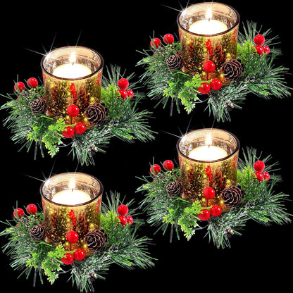 Skylety Christmas Votive Candle Holders - 4 Pack Glass Tealight Holders with Red Berry Wreaths for Holiday Decor