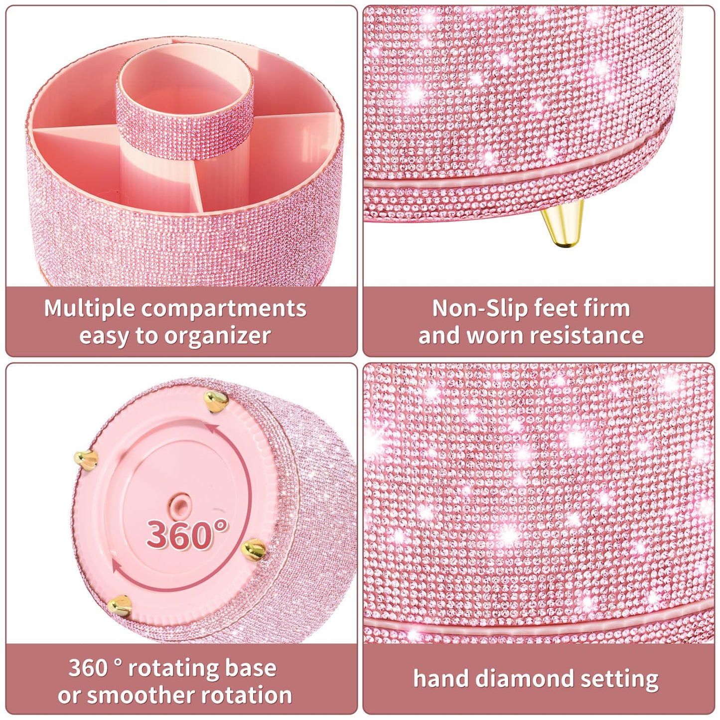 fanado Bling Diamond Makeup Brush Holder, 360° Rotating Makeup Organizer, 5 Slot Make up Brushes Cup for Countertop, Storage for Cosmetics Pen Eyeliner Skincare on the Vanity (Diamond Pink)