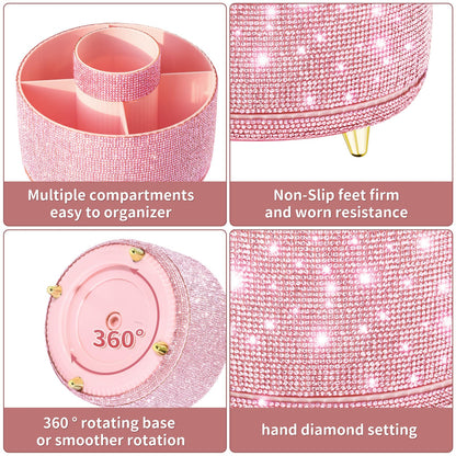 fanado Bling Diamond Makeup Brush Holder, 360° Rotating Makeup Organizer, 5 Slot Make up Brushes Cup for Countertop, Storage for Cosmetics Pen Eyeliner Skincare on the Vanity (Diamond Pink)