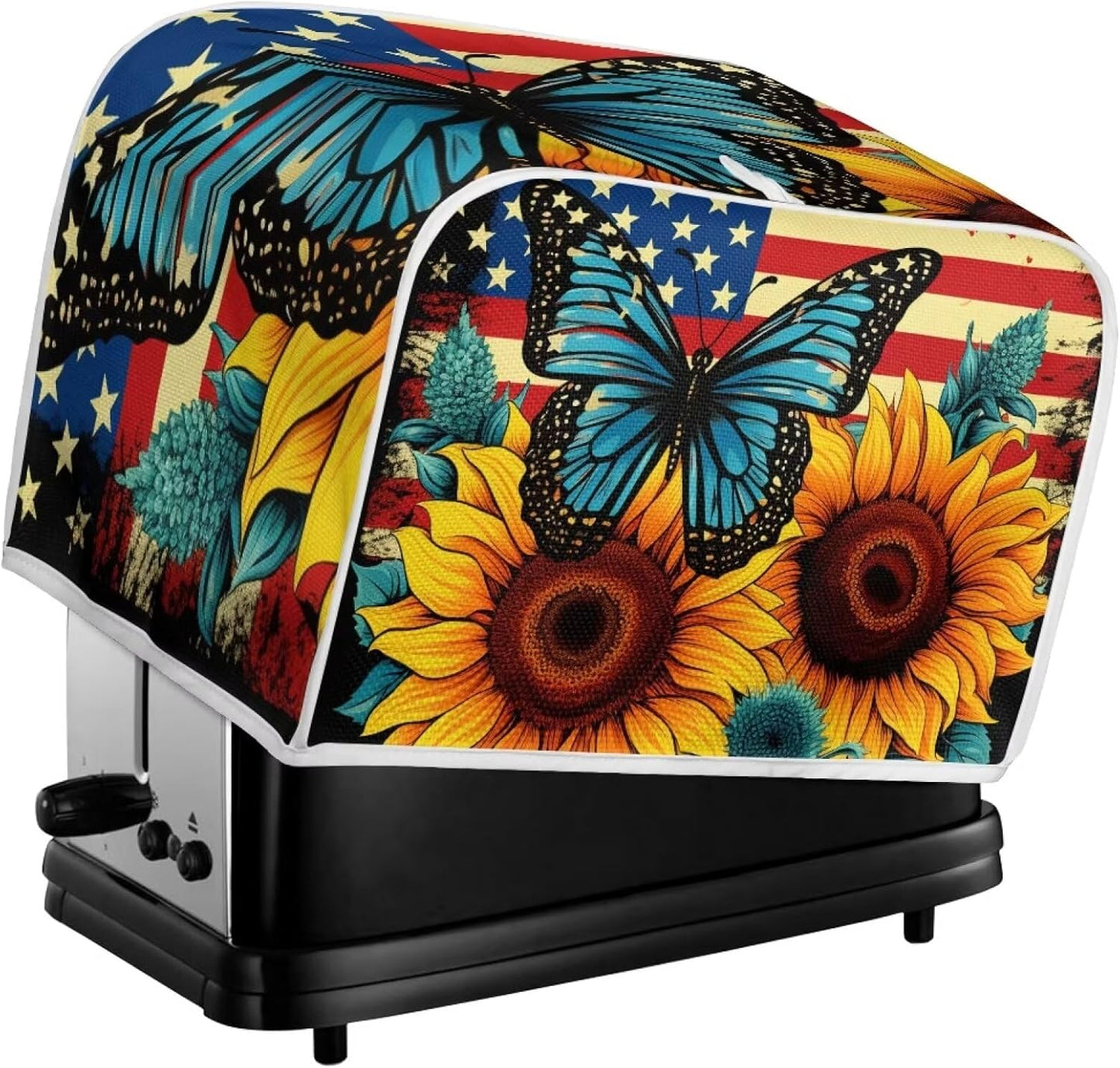 Sunflower Butterfly Print Toaster Cover, 4 Slice American Flag Washable Oven Cover for Kitchen