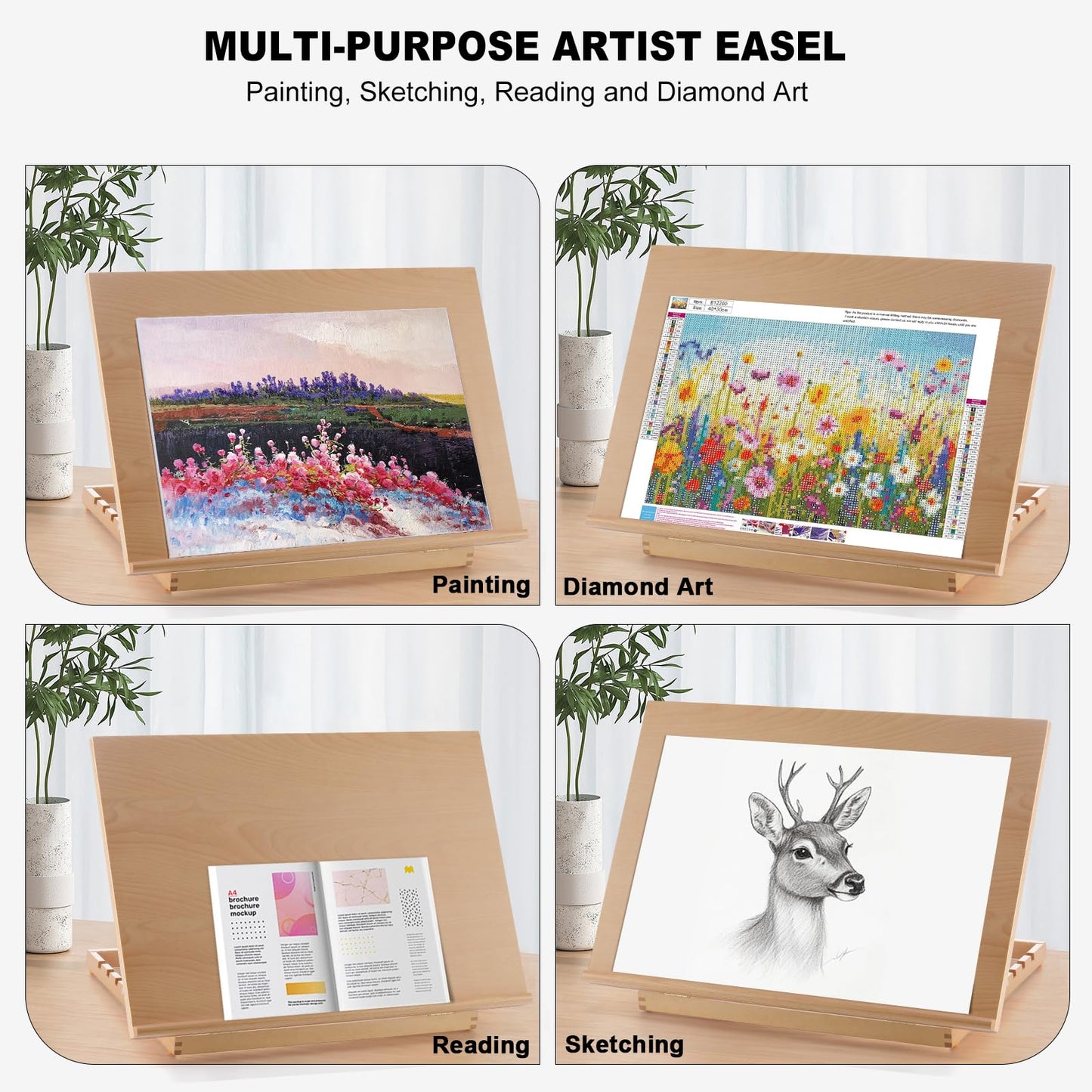 Tabletop Easel for Painting, 24.88"x17.28" Extra Large Adjustable Beechwood Drawing Board, Art Easel for Painting Sketching and Display Stand, Ideal for Diamond Art