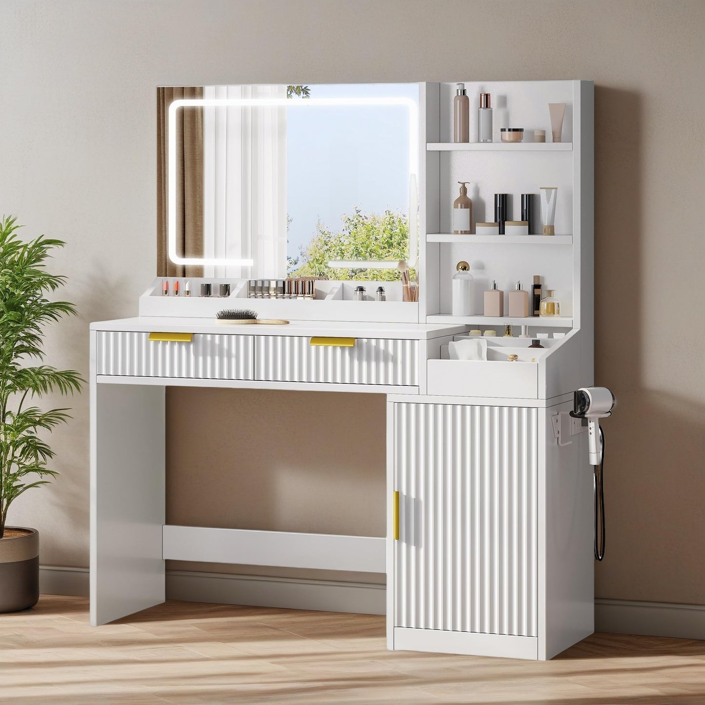 YITAHOME Large Makeup Vanity Desk with Mirror and Lights, Fluted Vanity Table with 2 Drawers & Adjustable Shelves, Makeup Mirror in 3 Modes Lighting, Dressing Table Set w/Charging Station, White