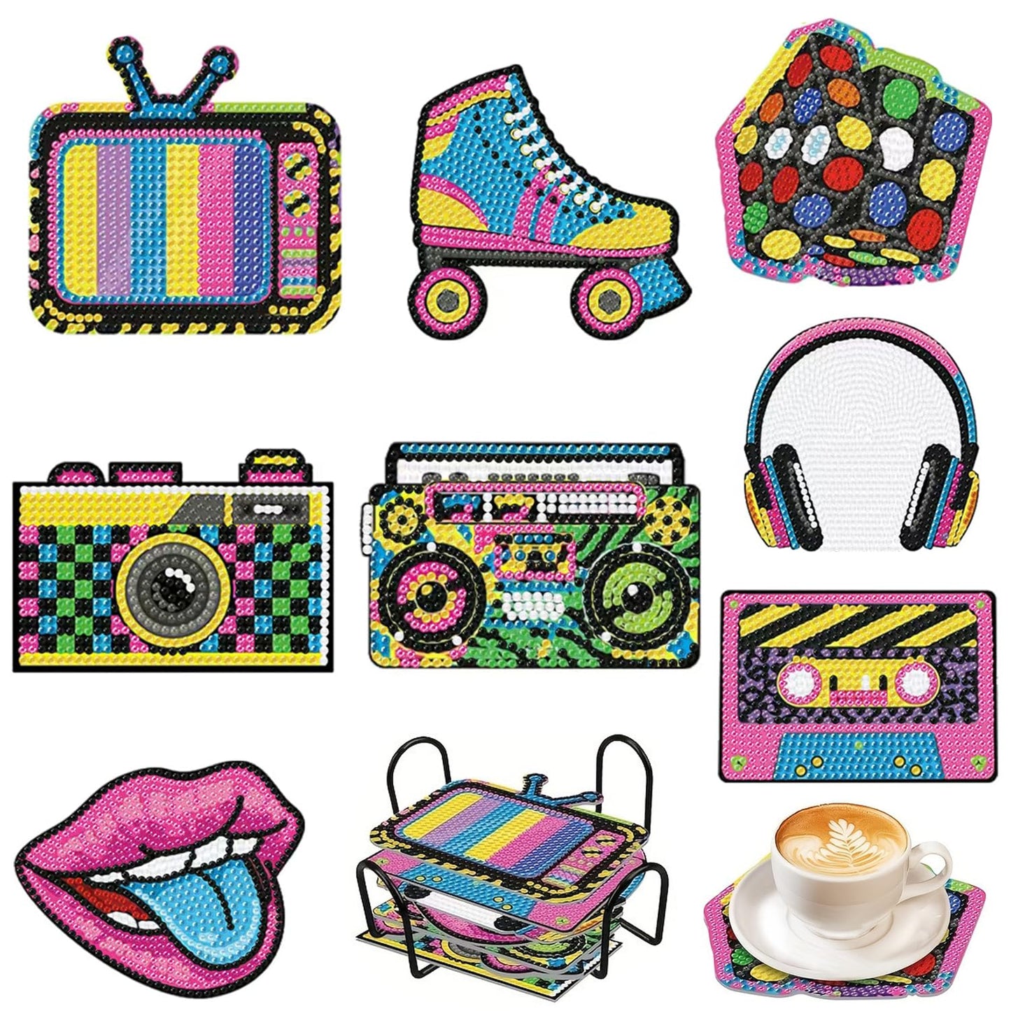 8Pcs 80s 90s Diamond Art Painting Coasters Kit with Holder Retro 1980s 1990s Hip Hop Throwback Gem Mosaics Arts Rhinestone Painting Coasters Crafts for Adults Handmade Gifts Home Decoration Supplies