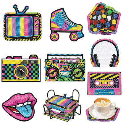 8Pcs 80s 90s Diamond Art Painting Coasters Kit with Holder Retro 1980s 1990s Hip Hop Throwback Gem Mosaics Arts Rhinestone Painting Coasters Crafts for Adults Handmade Gifts Home Decoration Supplies