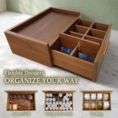 Tea Bag Organizer Drawer | Acacia Wooden Tea Box with 8 Compartments and Deep Storage Drawer | Tea Chest for Countertop Tea Station, Fits Tea Bags, Coffee Pods and Sugar Packets - 13 x 8.46 x 4.92 in