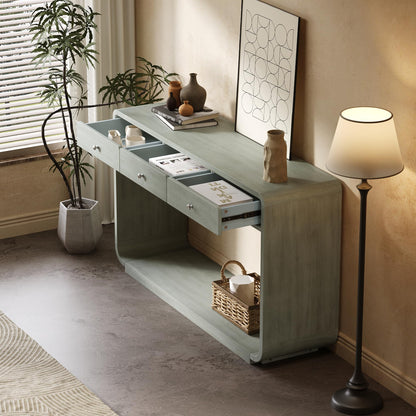 Christopher Knight Home Hiro Narrow Console Table with Storage, Wood Entryway Table with 3 Drawers and 1 Bottom Shelf, Long Entryway Table with Storage, Display Table with Curved Design, Sage Green