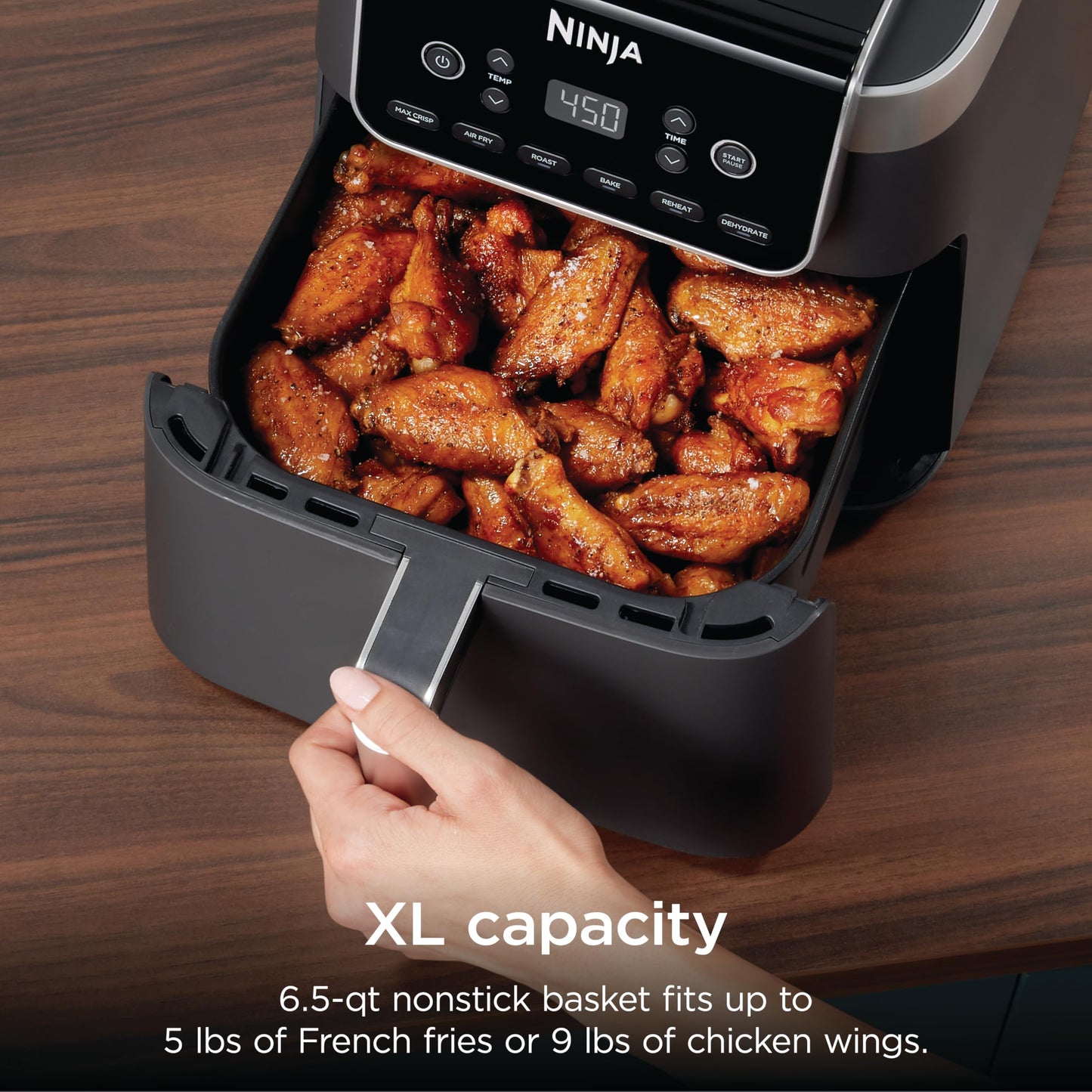 Ninja XL Air Fryer with MaxCrisp | 6.5 QT Capacity | 6-in-1 Max Crisp, Air Fry, Roast, Bake, Reheat & Dehydrate | 450°F Temp | 1750 Watts | Nonstick Basket, Crisper Plate & Recipe Guide | Grey | AF181