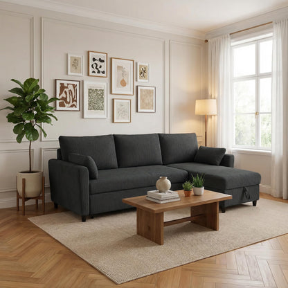 Trygoal Sectional Sleeper Sofa with Pull Out Bed, L Shape Convertible Sofa Bed Couch with Storage Chaise, 3 in 1 Pull Out Sofa Bed with 3 Seats for Living Room,Apartment, Black, 85Inch
