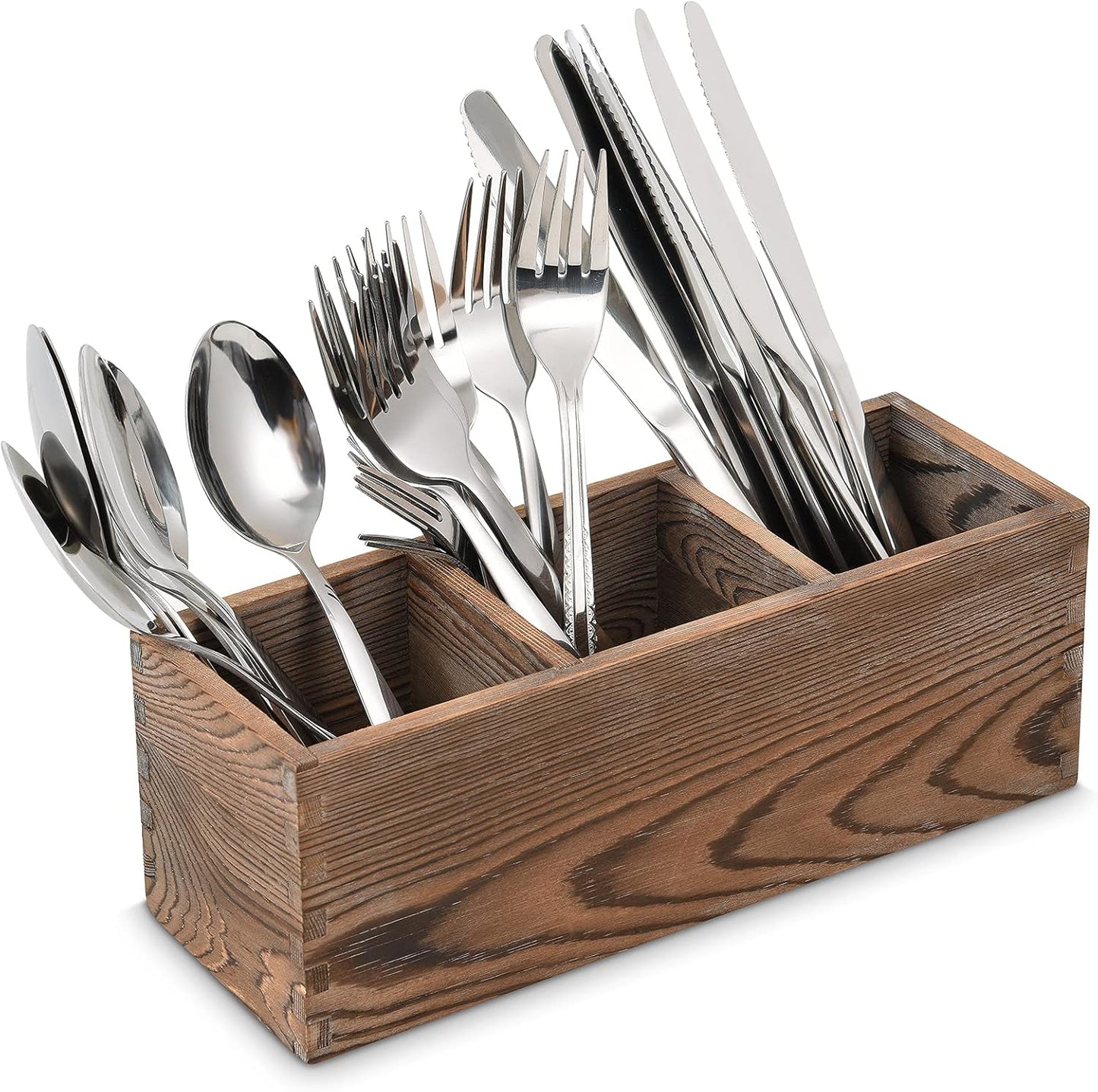 Wooden Silverware Organizer with 3 Spacious Compartments, Cooking Spatula Holder, Kitchen Utensil Flatware Caddy