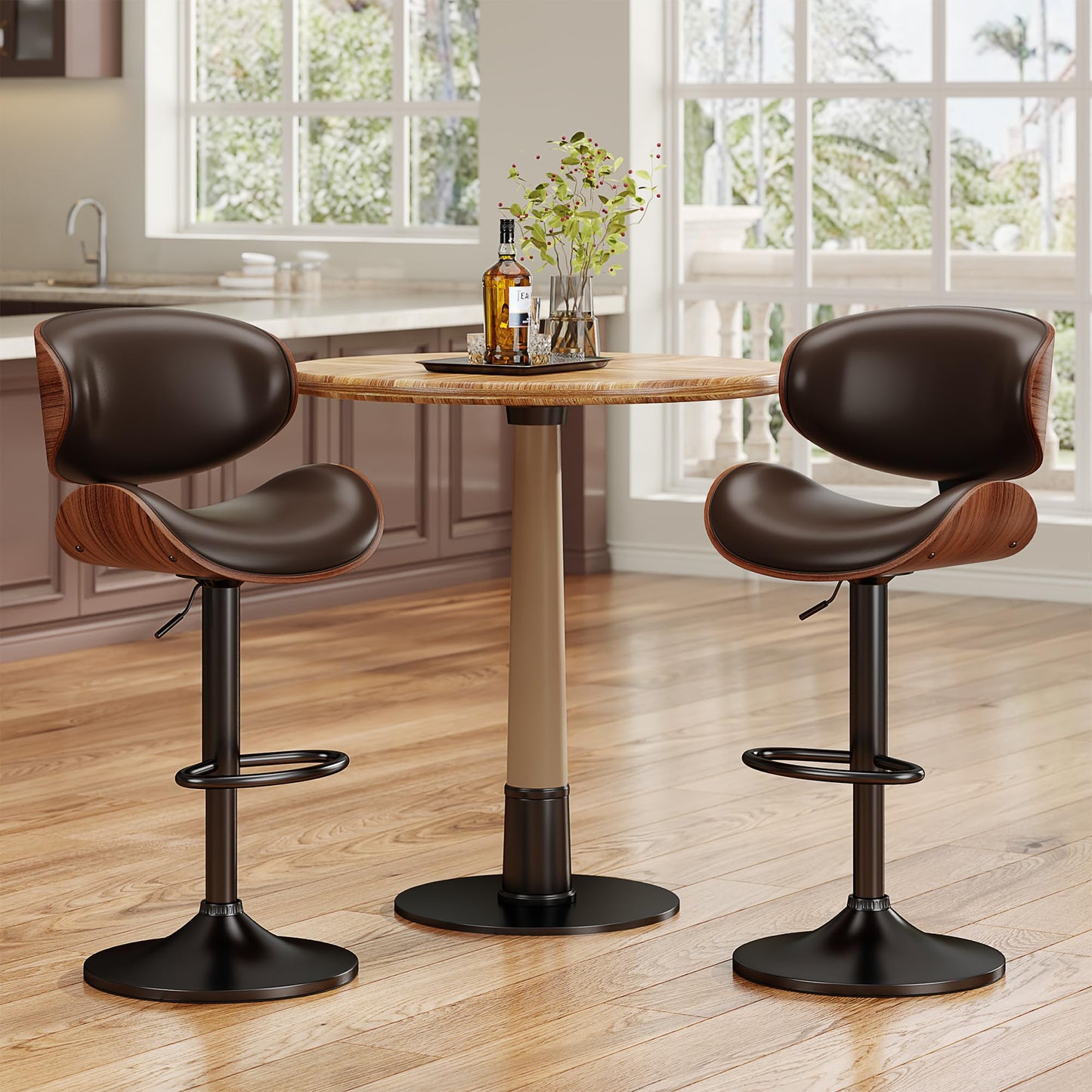YaFiti Bar Stools Set of 3, Bentwood Adjustable Height Swivel Bar Stools, PU Leather Upholstered Bar Chair with Back and Footrest for Bar, Kitchen, Dining Room, Brown